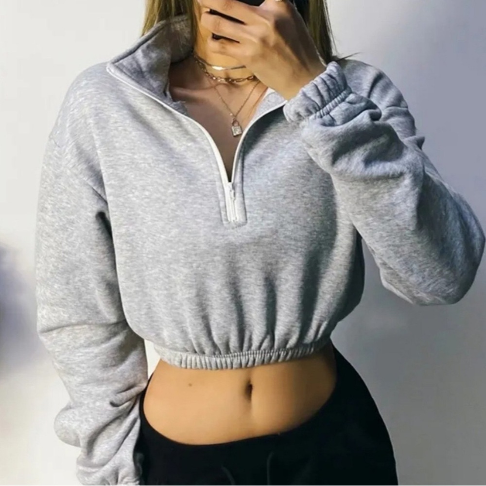 TopShop Women's Crop Quarter Zip, Elastic Waist, Silver Zip Size Small
